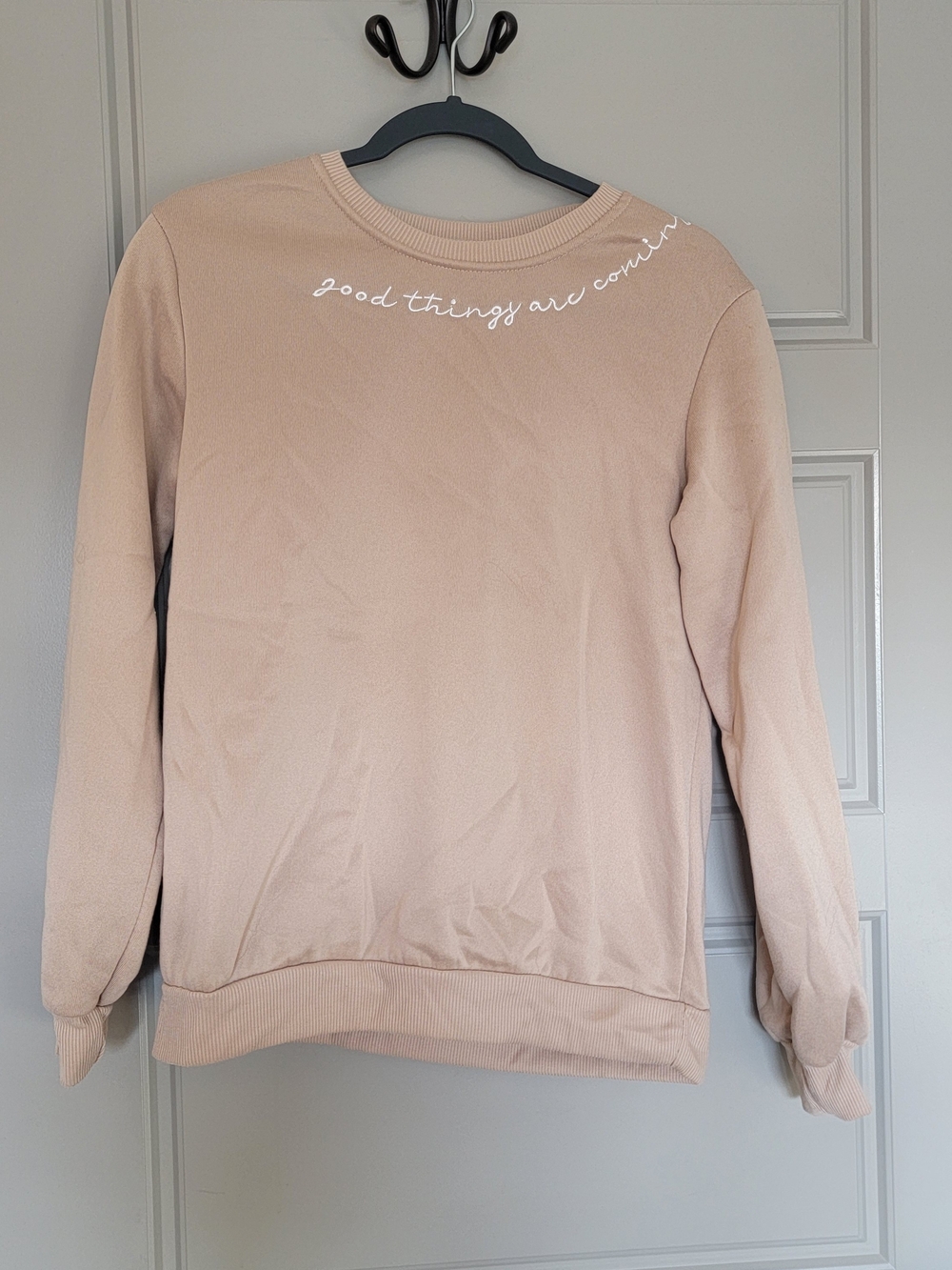 SHEIN Beige Crewneck Sweater with 'Good Things Are Coming' Script